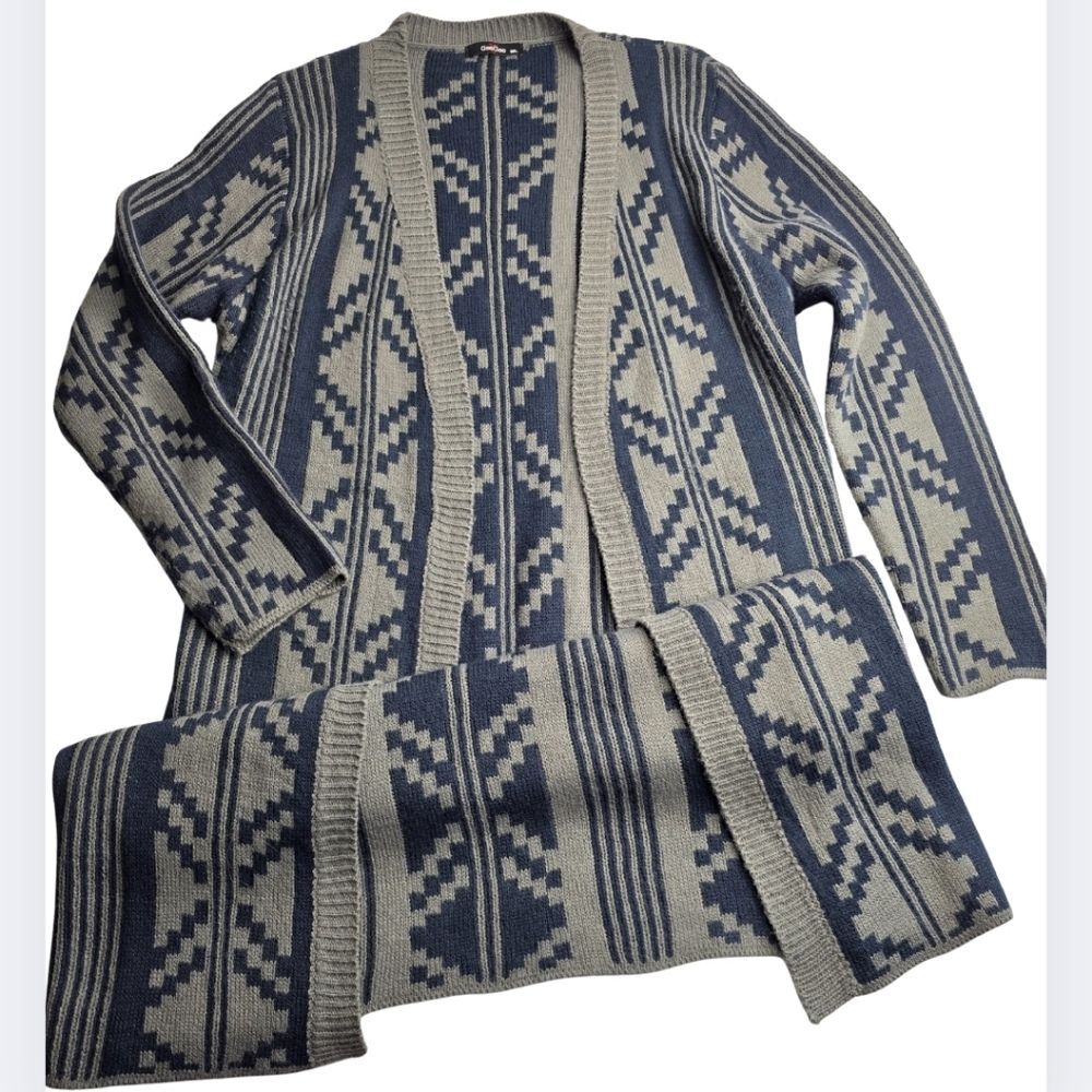 GeeGee M/L Blue Gray Patterned Open Long Cardigan Aztec Southwest Winter Cd-3137